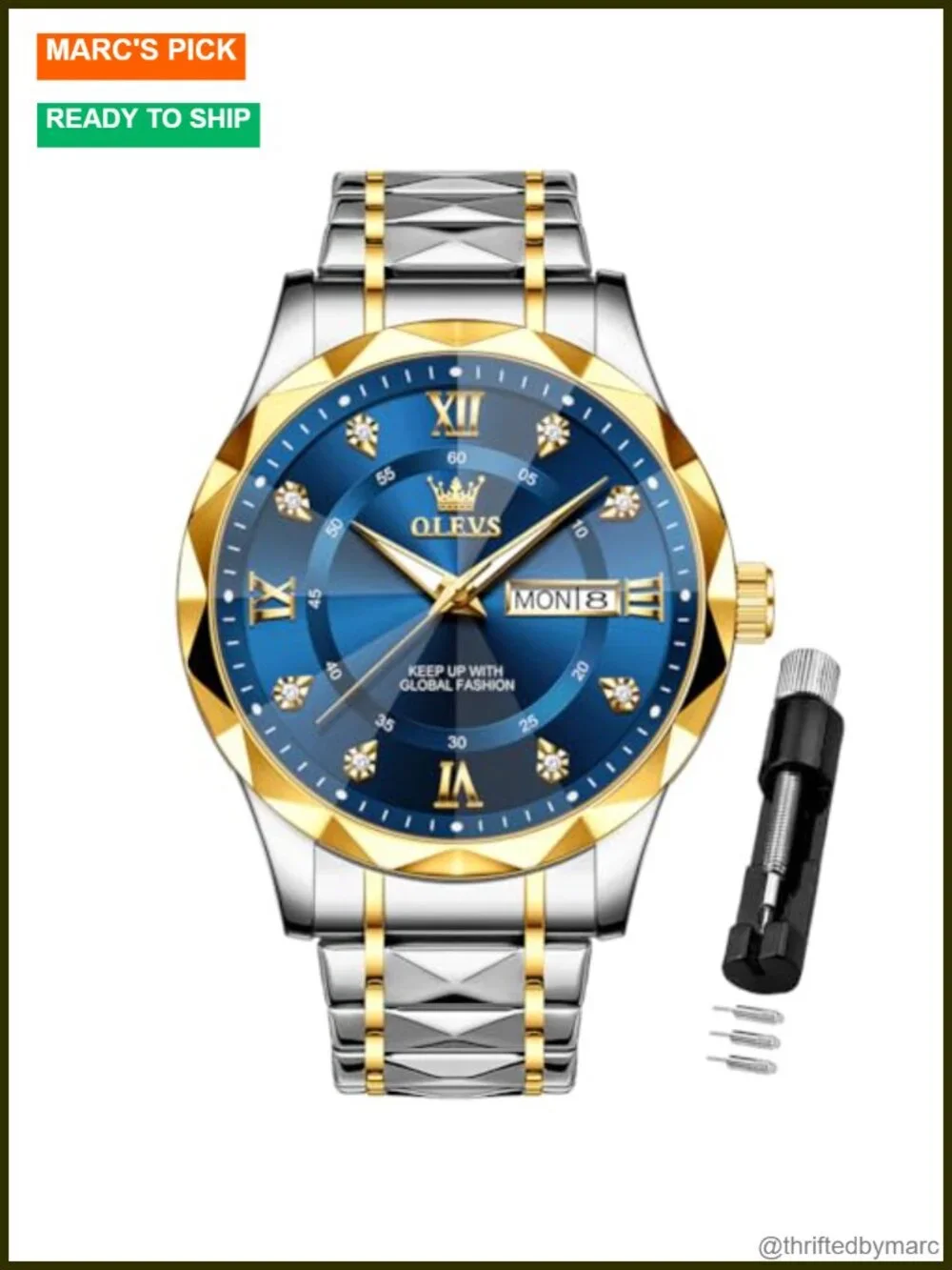 Men's Luxury Diamond Casual Large Dial Watch Stainless Steel Waterproof